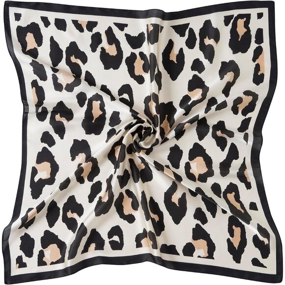 Women Beige Leopard Headscarf Satin Bandana Pattern Polyester Breathable Scarves - Picture 1 of 7